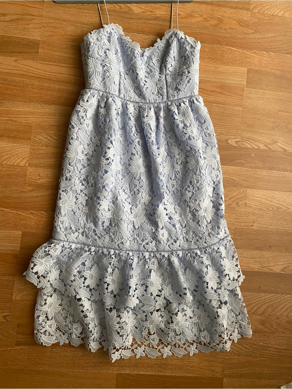 Club Monaco Light Blue Lace Midi Dress with Ruffle Hem
